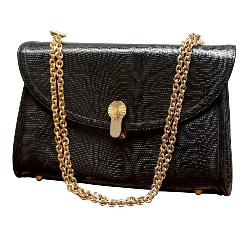 1950s Koret Black Pebble Leather Handbag | Mid-Century Chain Strap